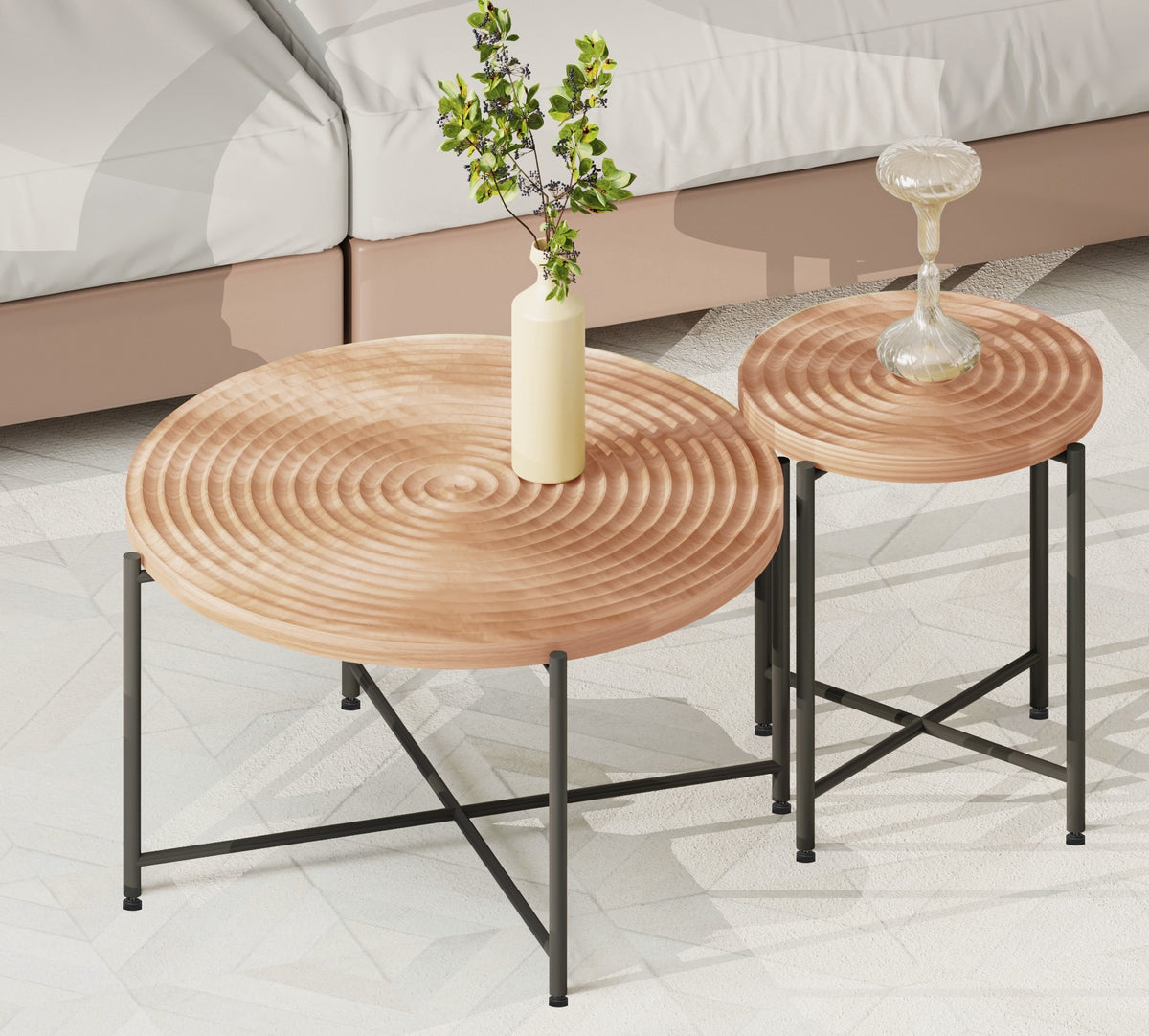 2-Piece Coffee and End Table Set – Waterproof MDF with PVC Cover, Distressed Cylindrical Design, Black Metal Legs – Classic Rustic Charm, Red Cedar-Brown