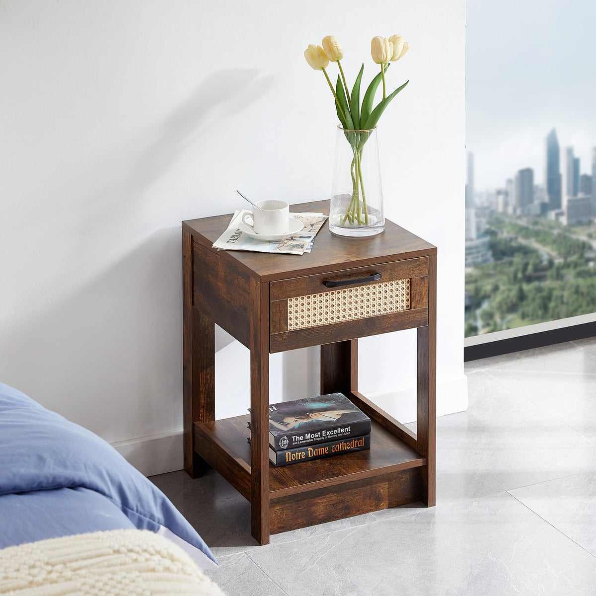 15.75' Rattan End table with  drawer, Modern nightstand, side table for living room, bedroom,Rustic Brown