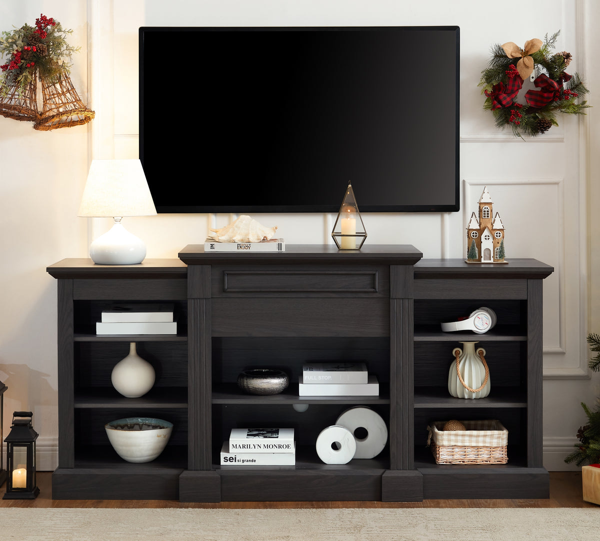 Media Console Table with Large Storage Cabinet, Modern TV Media Entertaionment Stand, Grey, 65.75'W*17'D*32.48'H