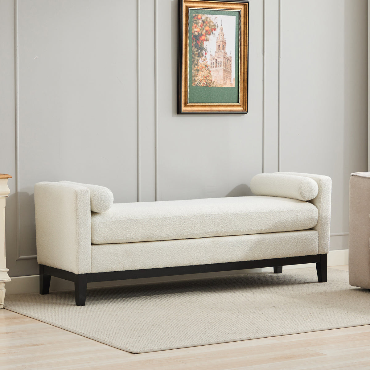 66.34'W Elegant Upholstered Bench,Daybed, Ottoman with Wood Legs & 2 Bolster Pillows for End of Bed, Bedroom, Living Room, Entryway,Ivory Boucle
