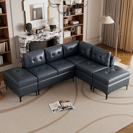 94.88' L-Shaped Corner Sofa Pu Leather Sectional Sofa Couch with Movable Storage Ottomans for Living Room, Blue