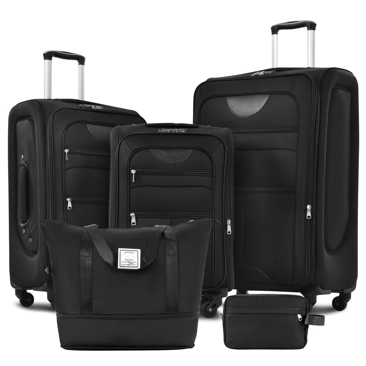 Softside Luggage Expandable 3 Piece Set with Duffel Bag - Black Polyester Upright Spinner Lightweight Travel Suitcase Set - 22/26/30 IN