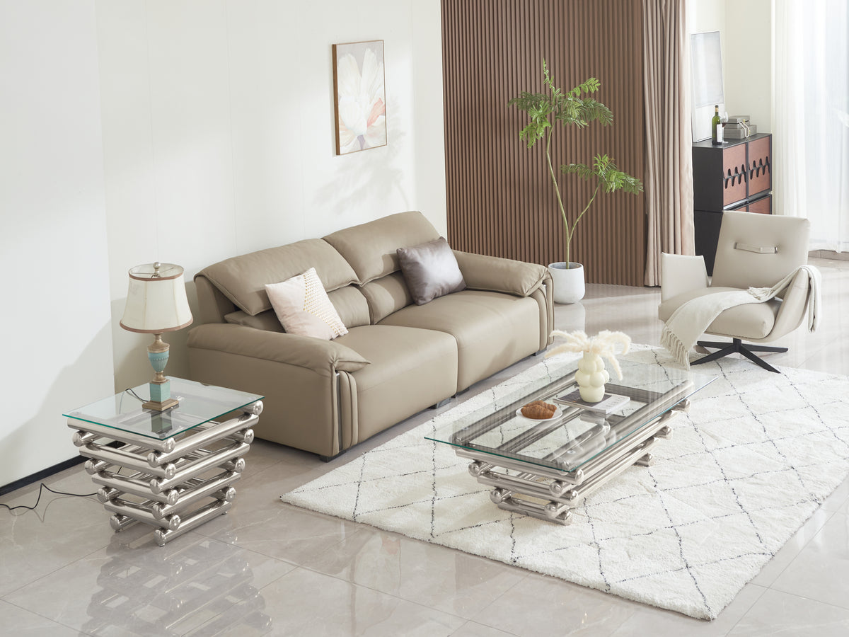 Modern Stainless Steel Coffee Table Set (Set of 2), Clear Tempered Glass Table Top, Coffee Table & End Side Table 2-Pieces Sets for Living Room, Silver