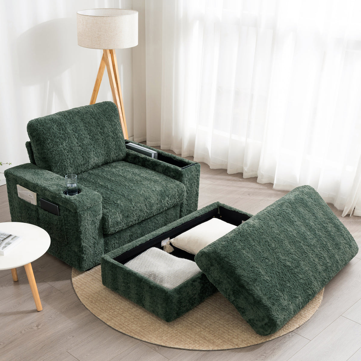 [Video]42' Oversized Chaise Lounge Indoor,Faux Rabbit Fur Sofa Bed with Storage Ottoman and Armrests,Cup Holders,Upholstered Sleeper Chair,Reading Couch with Deep Seat for Living Room,Bedroom,4 Colors