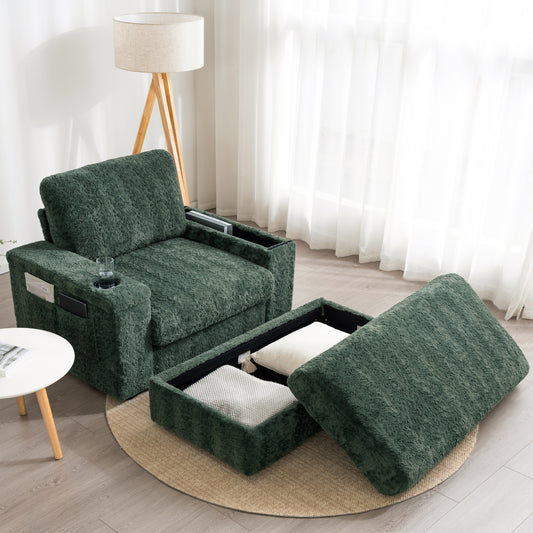 [Video]42' Oversized Chaise Lounge Indoor,Faux Rabbit Fur Sofa Bed with Storage Ottoman and Armrests,Cup Holders,Upholstered Sleeper Chair,Reading Couch with Deep Seat for Living Room,Bedroom,4 Colors