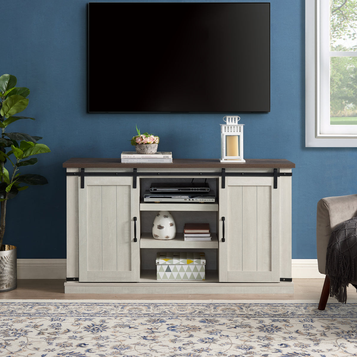 Classic Farmhouse Media TV Stand Transitional Entertainment Console for TV Up to 60' with Sliding Doors and Open Storage Space, Light Gray, 54.5'W*15.75'D*30.5'H