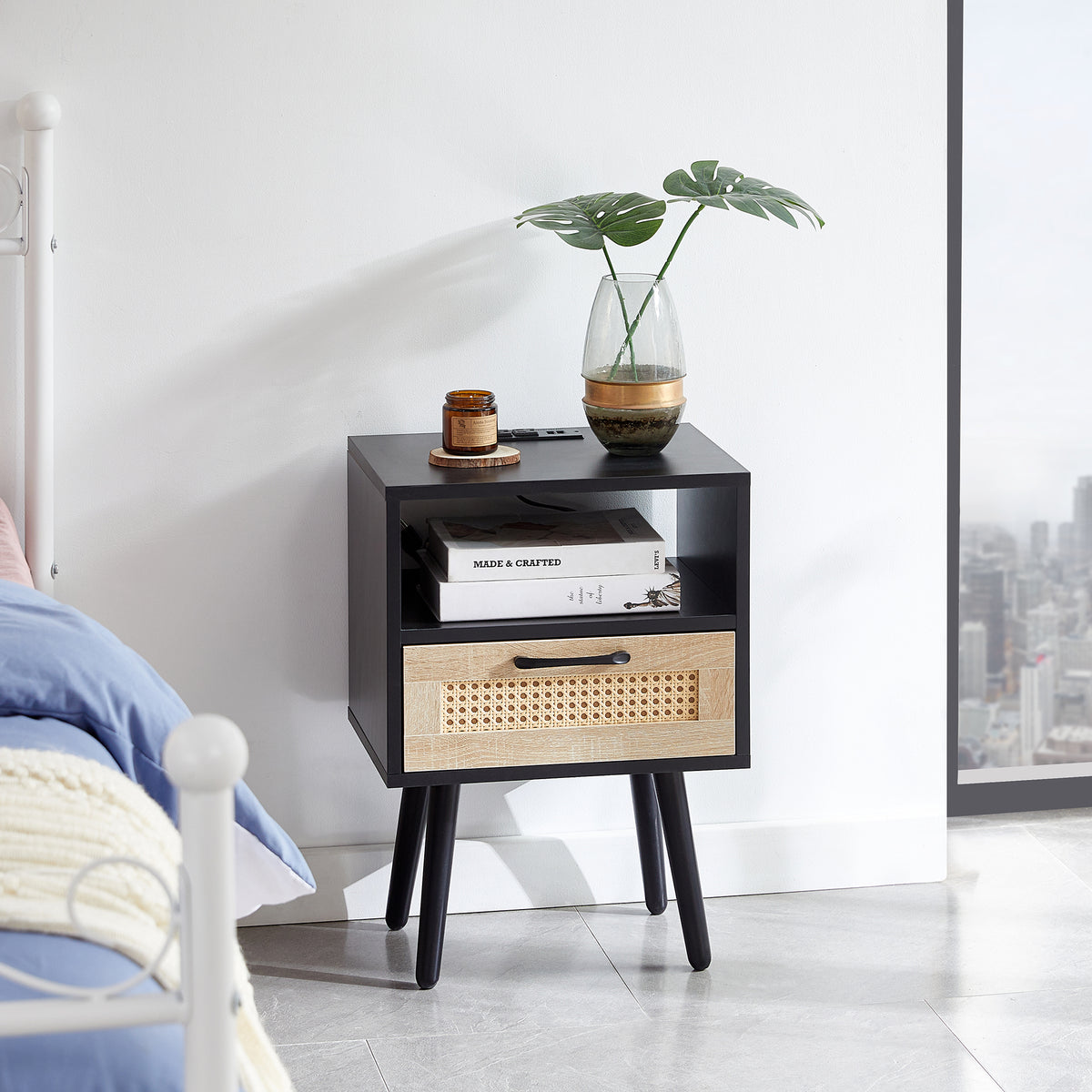 15.75' Rattan End table with Power Outlet  & USB Ports , Modern nightstand with drawer and solid wood legs, side table for living room, bedroom,black
