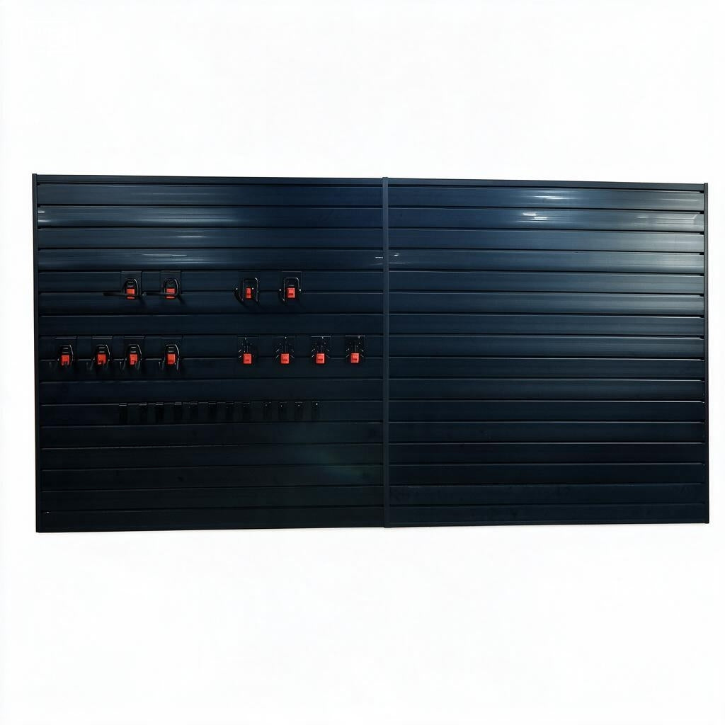 PVC Slatwall Panel Kit, 4x8ft Garage Wall Storage System with Safety-Lock Hooks, Lightweight Water-Resistant Panels, Hidden Screw Design, 24 Hooks Set, Black