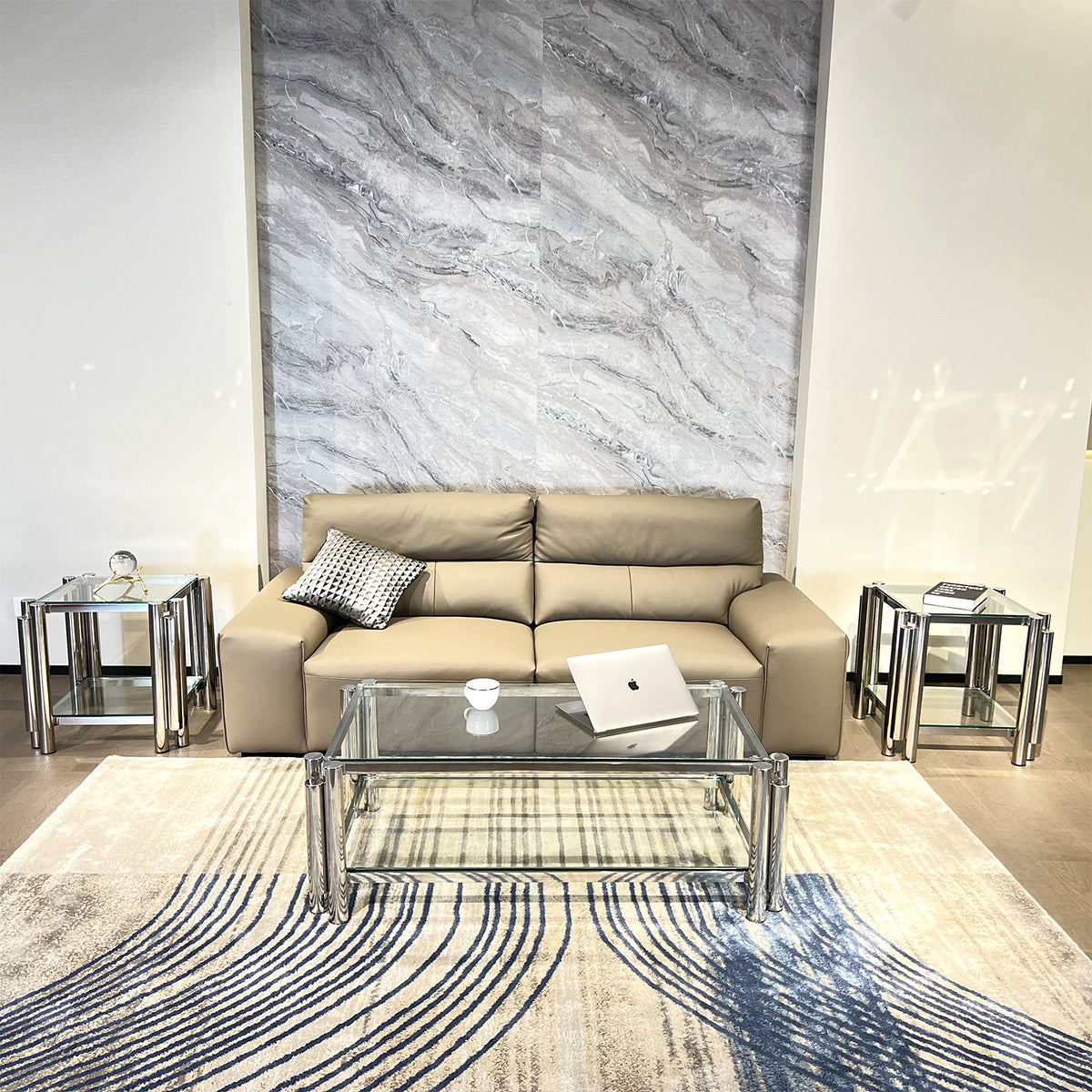 Modern Stainless Steel Coffee Table Set (Set of 3), Double-Layer Clear Tempered Glass Table Top, Coffee Table & Two End Side Table 3-Pieces Sets for Living Room Home Office, Silver