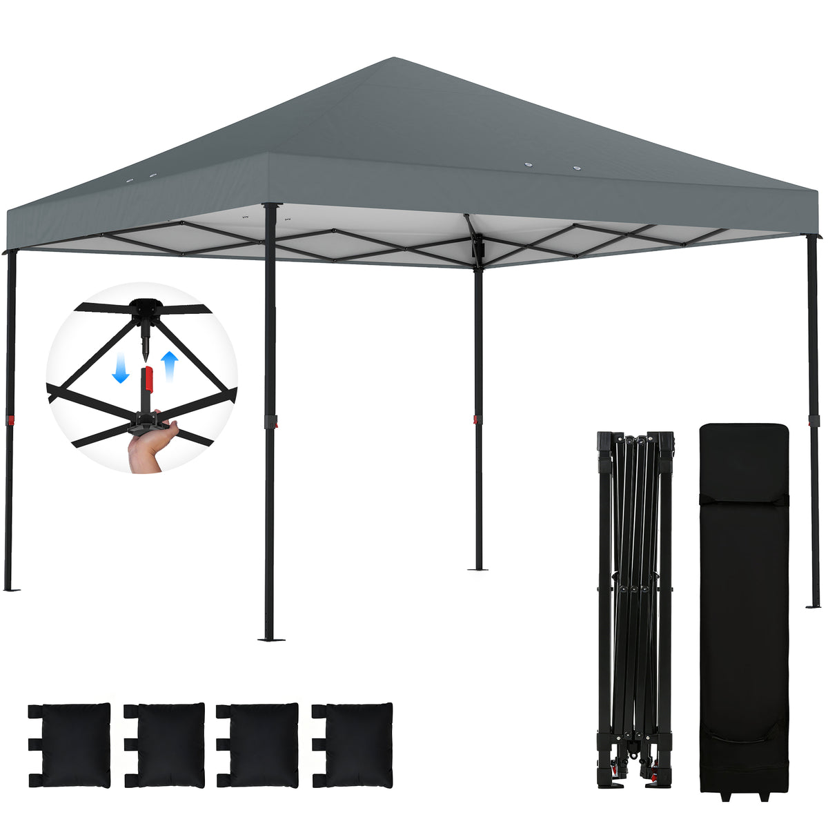 Outsunny 10 x 10 ft Pop Up Canopy Tent with One Push Setup, Easy Setup Outdoor Portable Instant Canopy Shelter with Wheeled Carry Bag, Sandbags, Adjustable Height for Parties, Events, Dark Gray