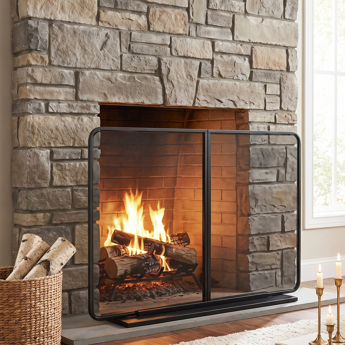 Black Two‑Panel Freestanding Fireplace Screen, 50' W × 35' H Iron Mesh Fire Spark Barrier for Home Indoor Fireplace