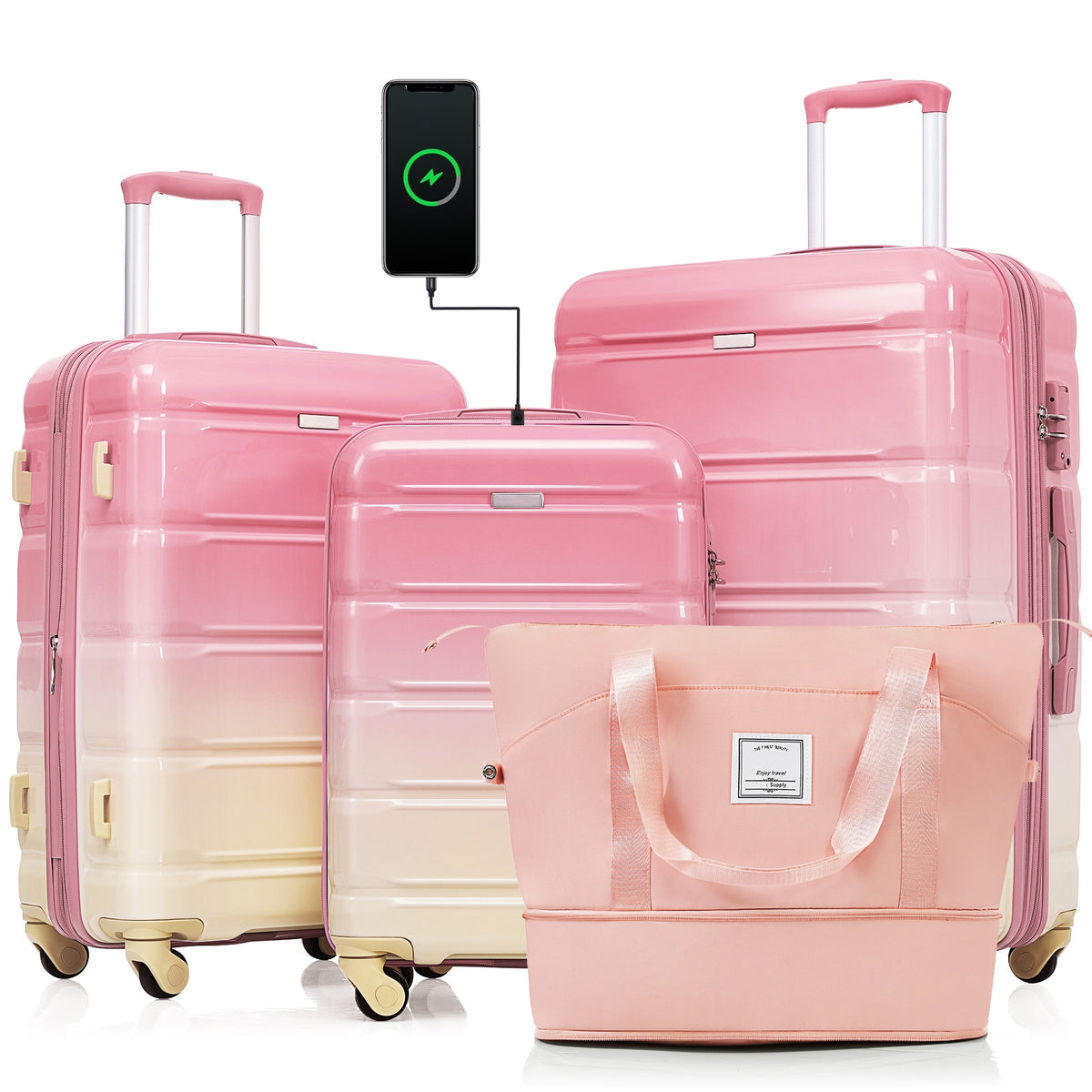Luggage Sets 4 Piece, 20-inch with USB Port, Expandable ABS Durable Suitcase with Travel Bag,  Cup Holder, ABS+PC Hard Shell Luggage with Spinner Wheels, Gradient Pink