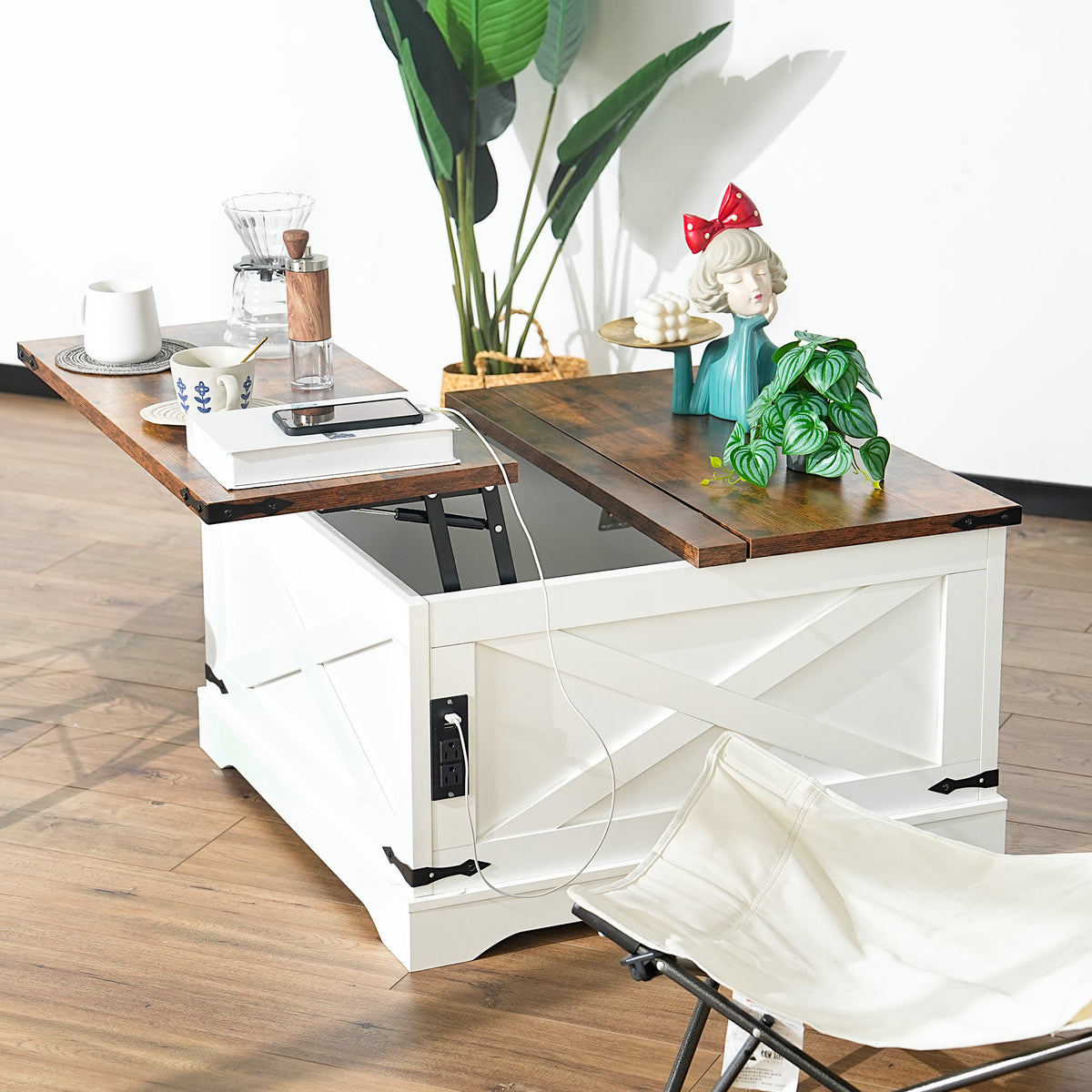 Coffee Table, Multi-functional Lifting Dining Table Coffee Table, Living Room Home Table, Modern Coffee Table 90CM, Vintage White