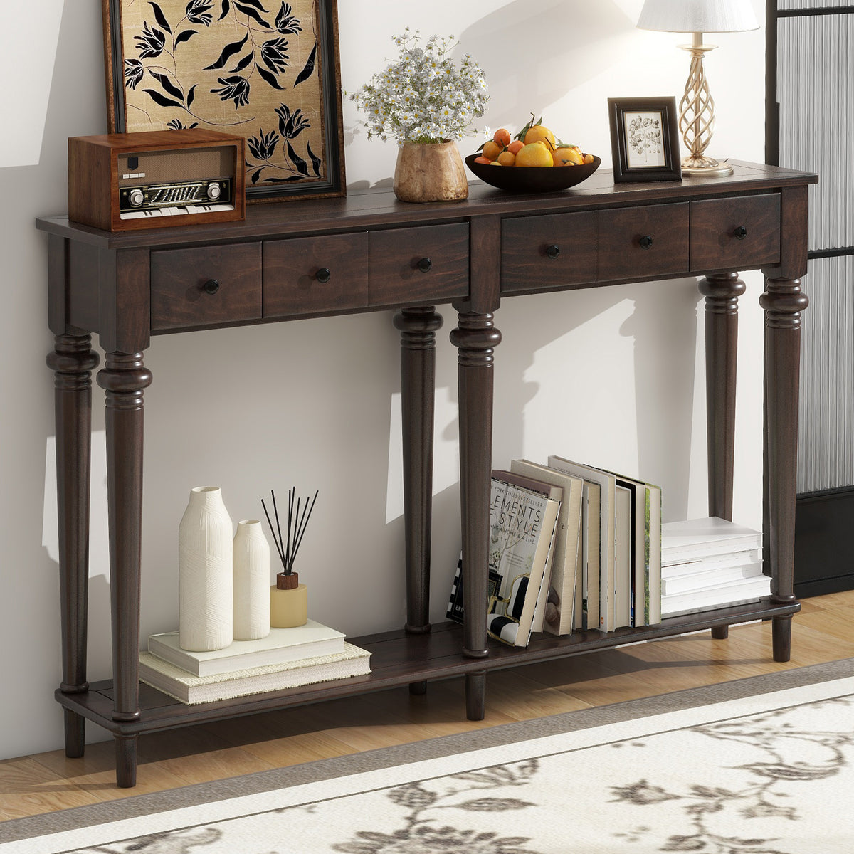TREXM Retro Console Table with 4 Drawers and Open Shelf, perfect for Entryways, Living Rooms, and Hallways (Espresso)