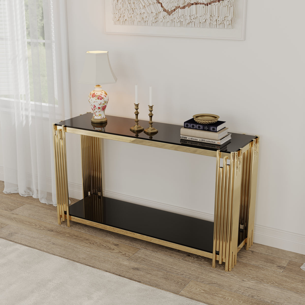 Modern Glass Console Table, 55' Gold Sofa Table with Sturdy Metal Frame and Black Tempered Glass Top, for Living Room Entryway Bedroom, Gold Finish