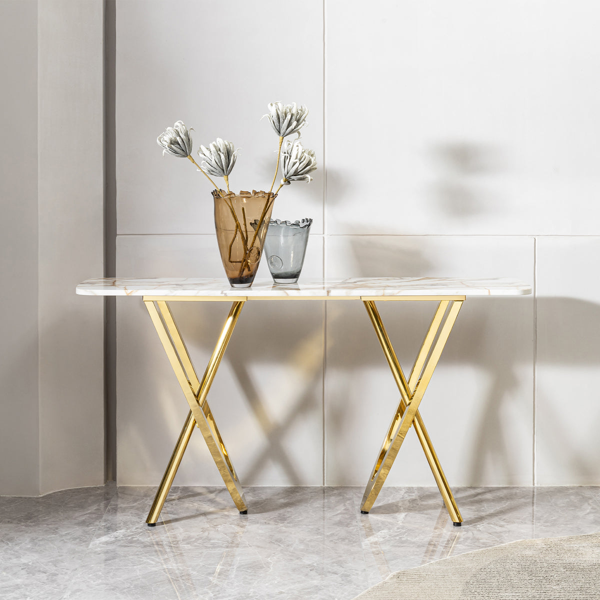 Modern 0.78' thickness marble pattern top mirror gold stainless steel rectangle console table for living room