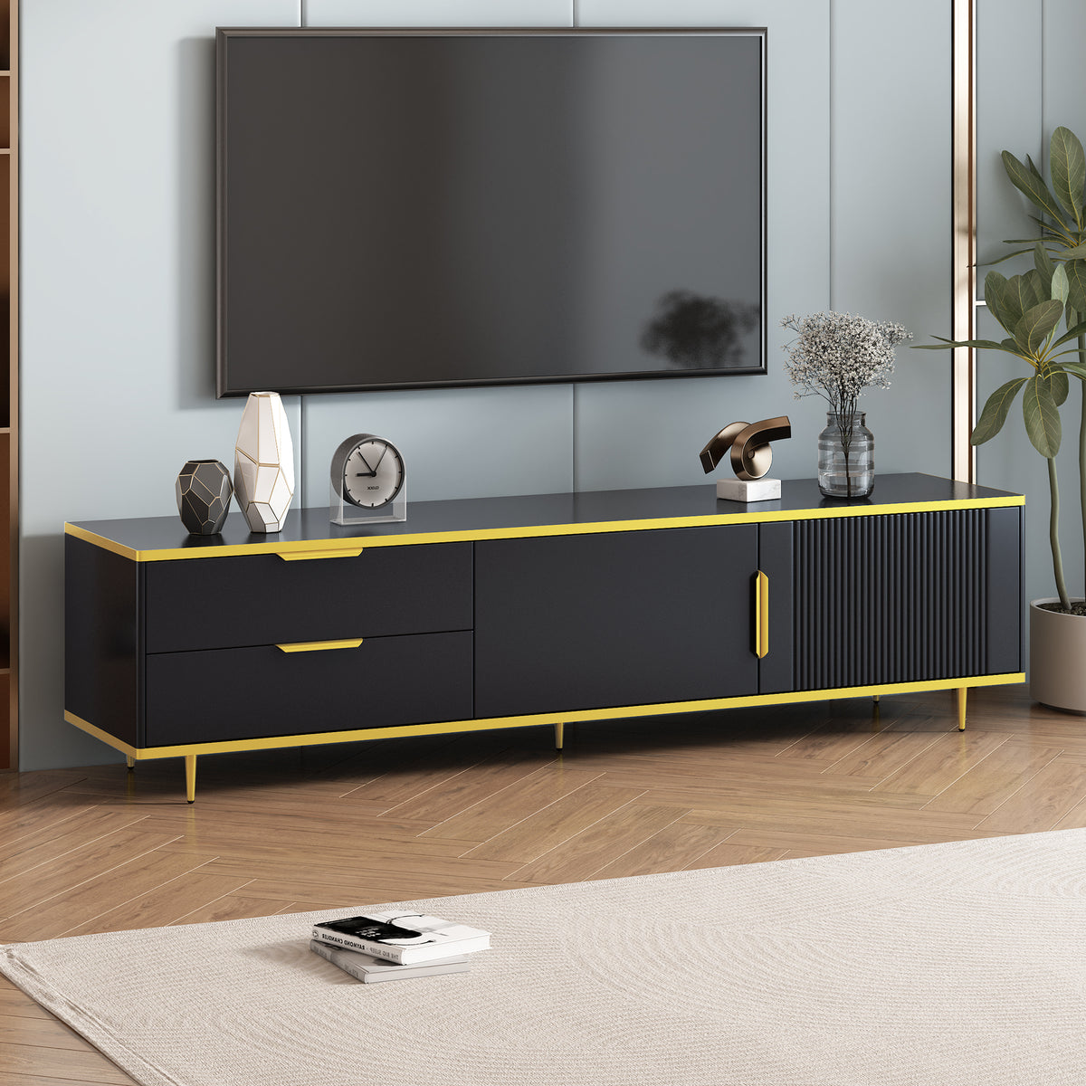 U-Can Modern TV Stand for 65+ Inch TV, Entertainment Center TV Media Console Table,with 2 Drawers and 2 Cabinets, TV Console Cabinet Furniture for Living Room