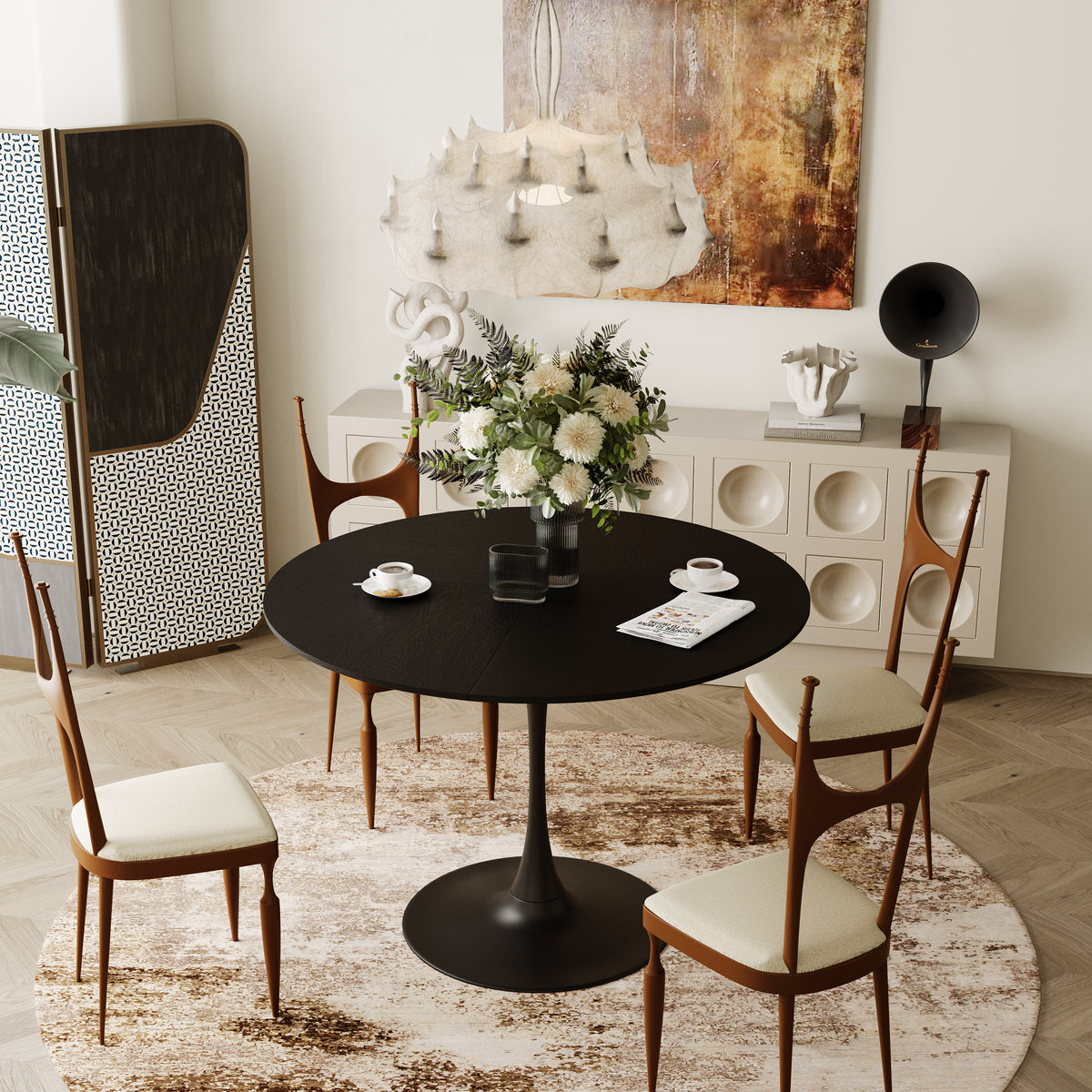 42.13'Modern Round Dining Table,Four Patchwork Tabletops with Black Solid Wood Veneer Table Top,Metal Base Dining Table, End Table Leisure Coffee Table