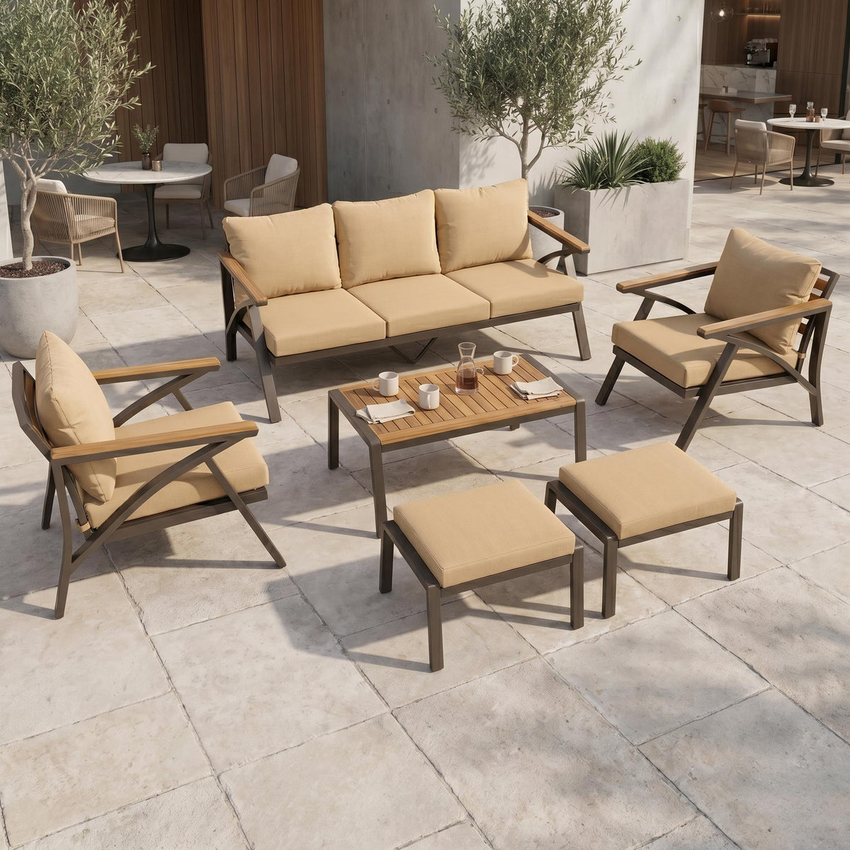 6-Piece Outdoor Patio Furniture Set, Steel Frame Sofa Set with 3-Seat Couch, 2 Armchairs, 2 Ottomans & Acacia Wood Coffee Table, Cushioned Seating for Backyard, Garden, Poolside, Brown Cushion