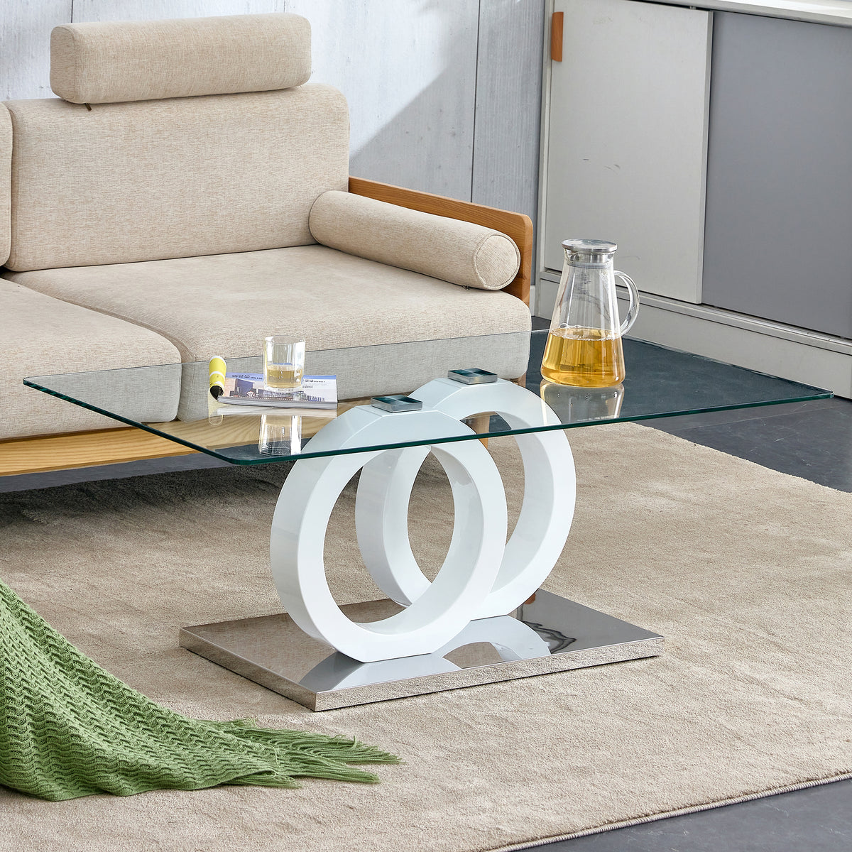 Rectangular modern and fashionable coffee table with tempered glass tabletop and white legs. Suitable for living room.47.2'*25.4'*17.9'