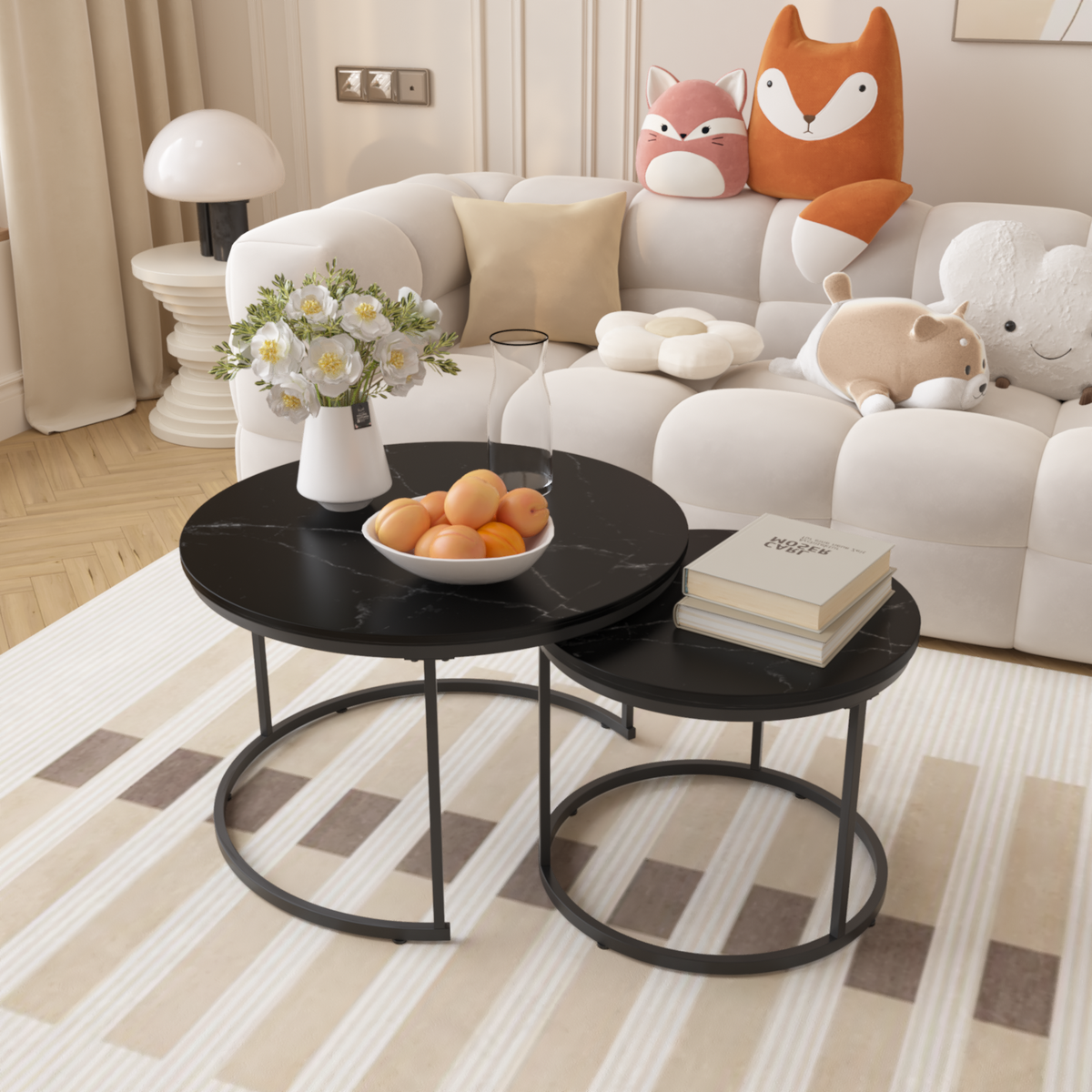 Nesting Coffee Table Set of 2, 27.6inch Round Coffee Table Wood Marble Pattern Top with Sturdy Metal Frame, End Table Side Tables for Living Room Bedroom Balcony Yard (Black)