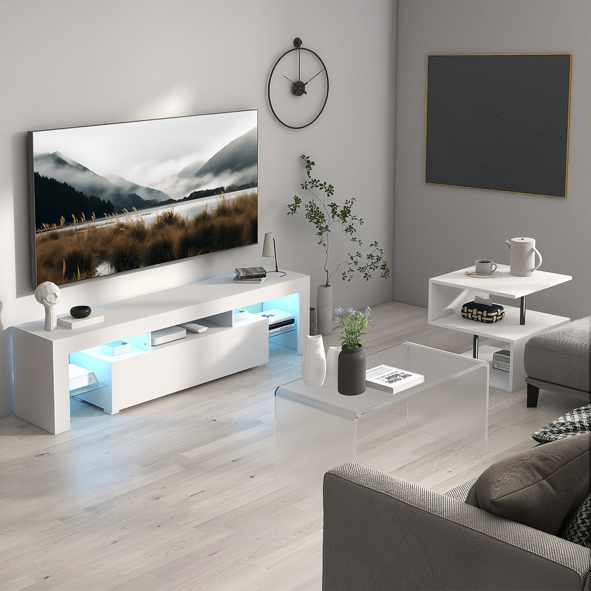 LED TV Stand for Televisions up to 55 Inchs,Modern Entertainment Center with down filp door, Glass shelf and high glossy UV front face, TV Console Table for Living room,Bedroom,White