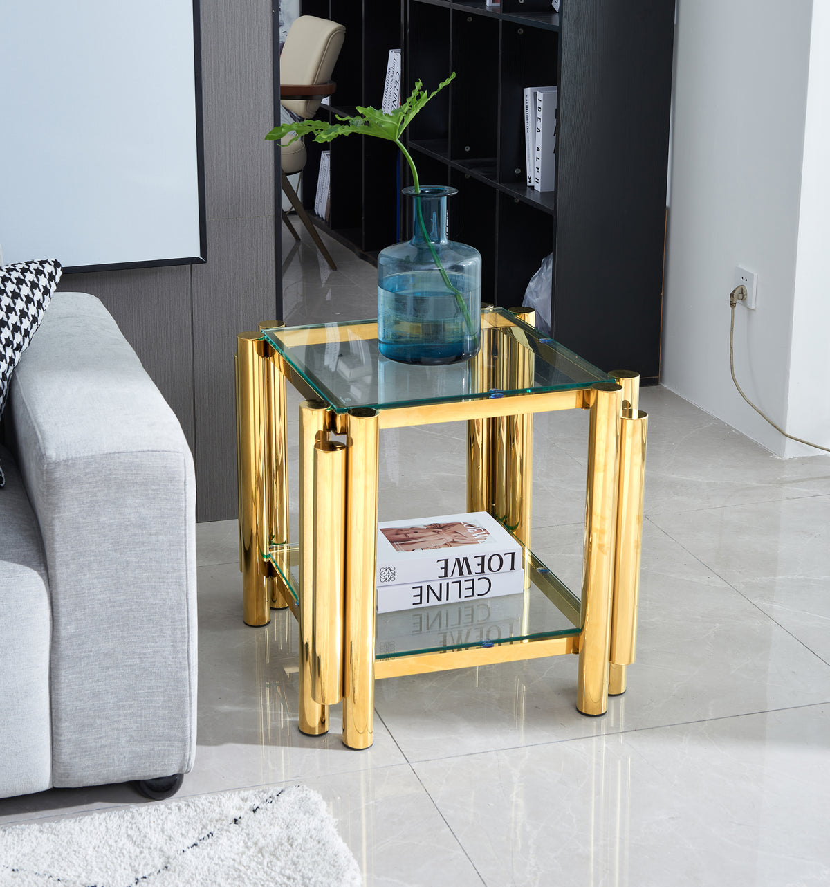 20 Inch Square End Table, Modern Stainless Steel End Table, Double-Layer Clear Tempered Glass Coffee Table, Side Table with Storage, for Living Room Home Office, Gold