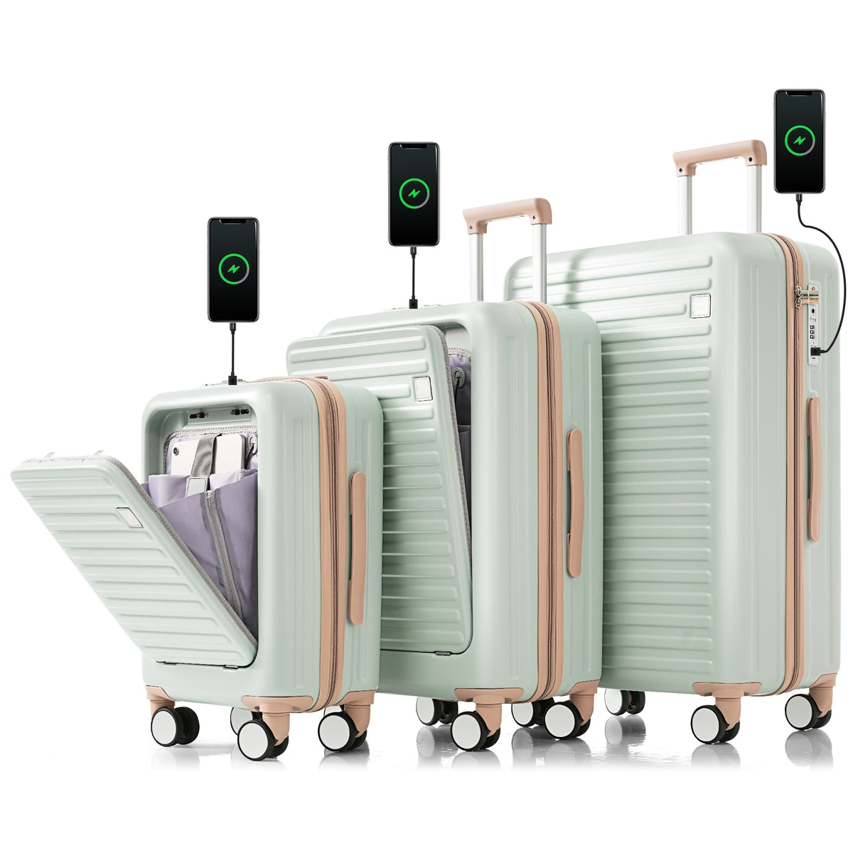 Luggage Set of 3, 20, 24, 28inch with USB Port, 20, 24inch with front opening design Airline Certified Carry on Luggage with Cup Holder, ABS Hard Shell Luggage with Spinner Wheels, grey green