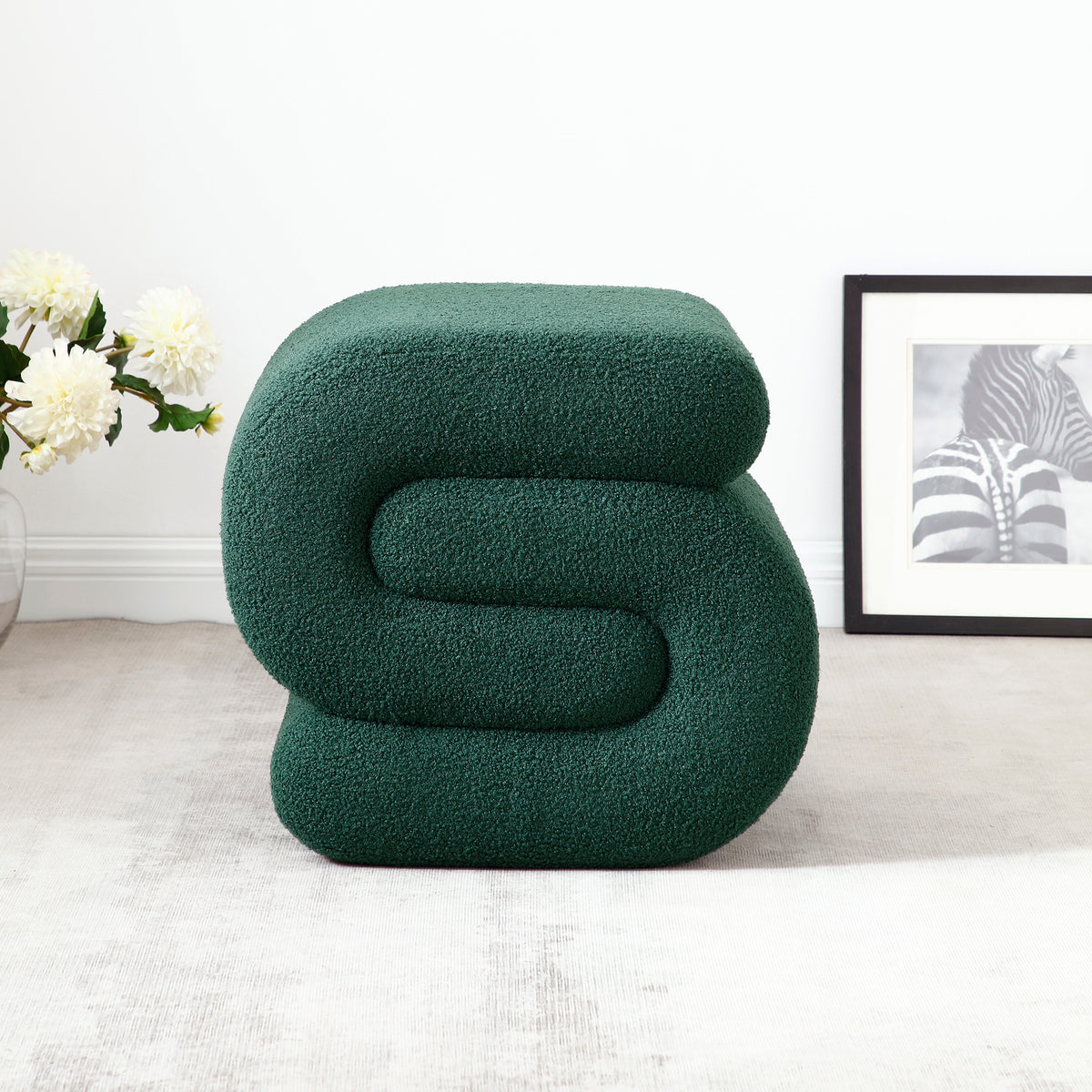 Modern Teddy Fabric Ottoman,Upholstered Footstoo, Comfortable Teddy Fabric Vanity Stool,S-Shape Small Makeup Stool, Under Desk Ottoman for Living Room, Bedroom, Entrance  (Green)