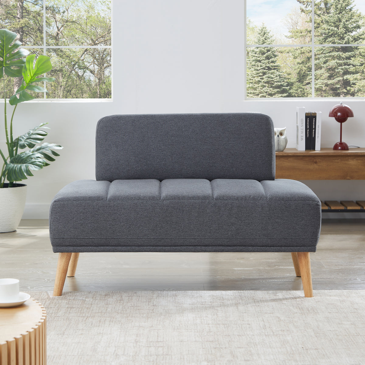 45'Inch Width Modern End of Bed Bench,Cotton Linen Fabric Upholstered 2 Seater Sofa Couch Entryway Ottoman Bench,  Stool Footrest Window Bench with Gold Wood Legs for Bedroom, Living Room,grey