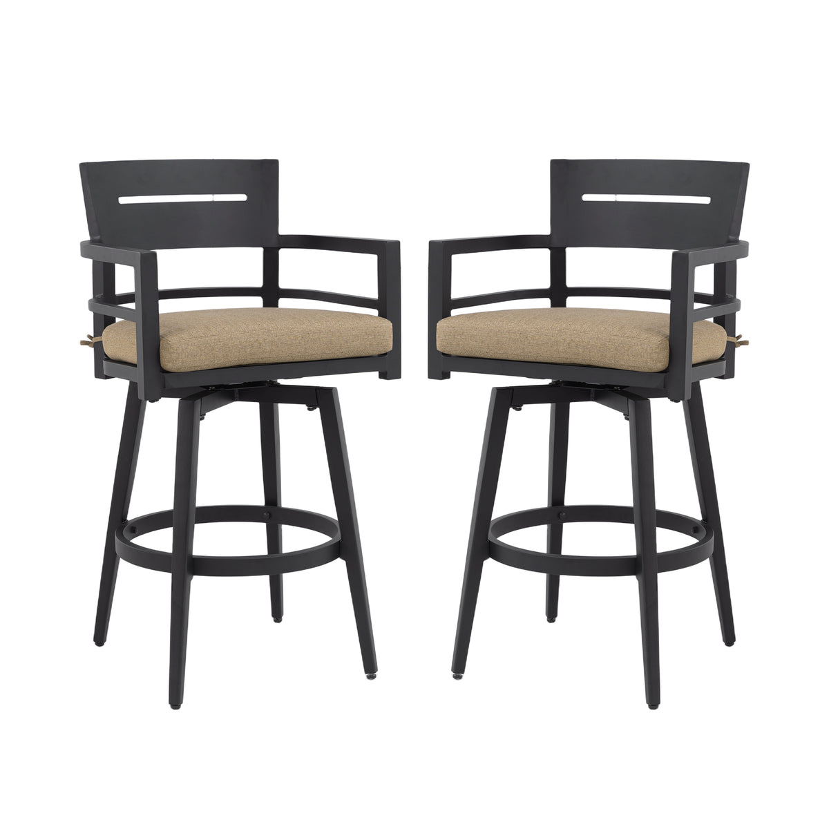 Modern Outdoor 2-Piece Swivel Bar Chairs – Aluminum Frame with Ember Black, 360° Swivel, Ergonomic Backrest & Armrests, Tapered Legs, Sunbrella Cushion, Weather-Resistant & Durable Patio Bar Stool
