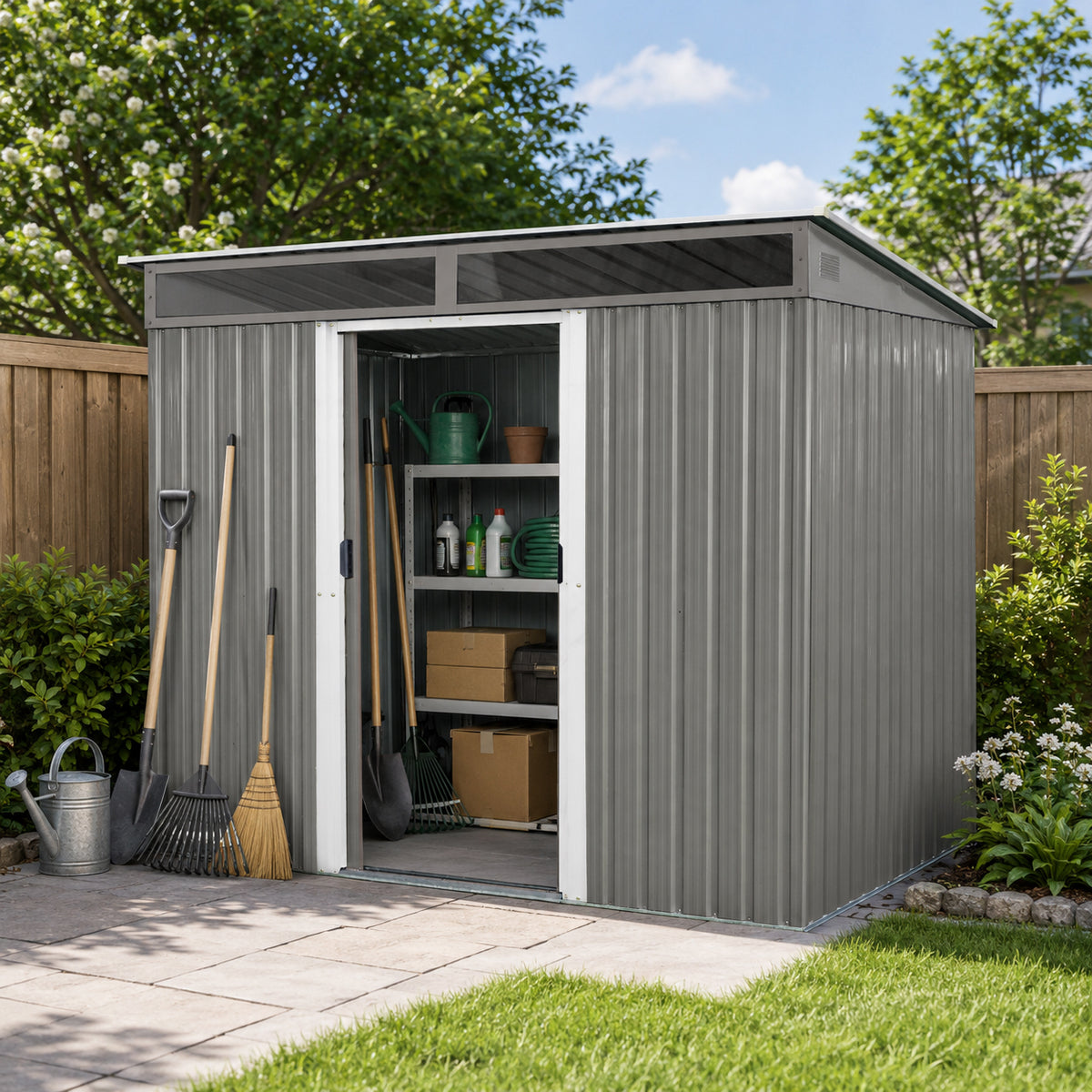8ft x 6ft Outdoor Metal Storage with Lockable Sliding Doors and Transparent plate for Garden, Lawn (Gray) (W540P185311)