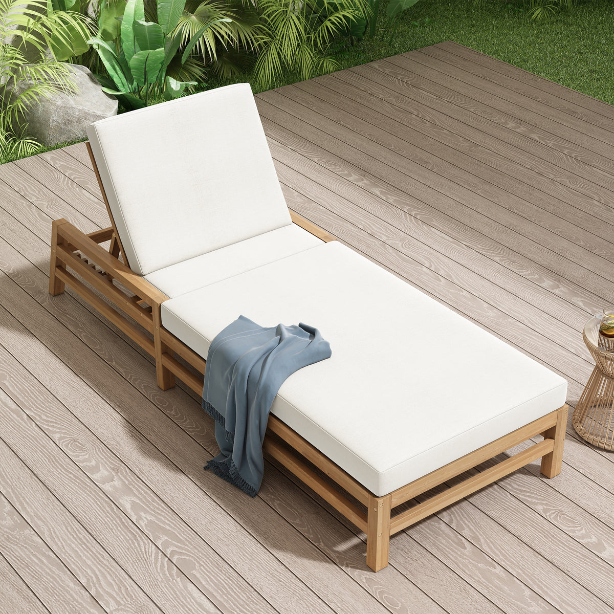 TREXM 5-Position Adjustable Outdoor Chaise Lounge, Solid Wood Patio Recliner Chair with Thick Cushions, Weather-Resistant for Pool, Balcony & Garden (Light Teak)