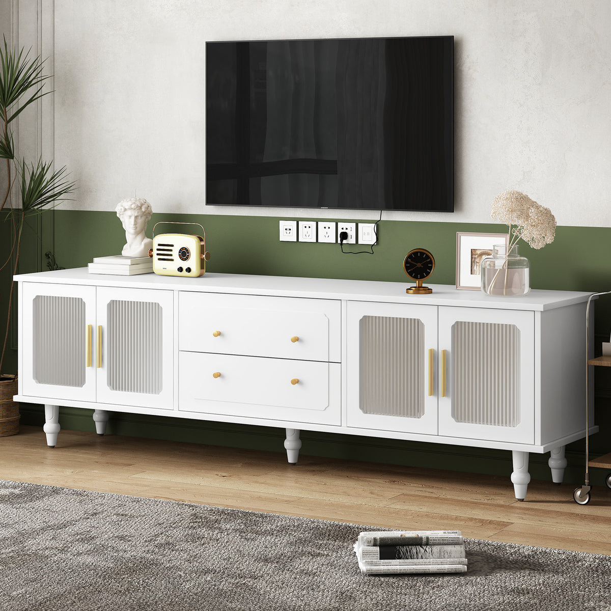 ON-TREND Retro Design TV Stand with Fluted Glass Doors for TVs Up to 78'', Practical Media Console with 2 Drawers and Cabinets, Elegant Entertainment Center for Living Room, White