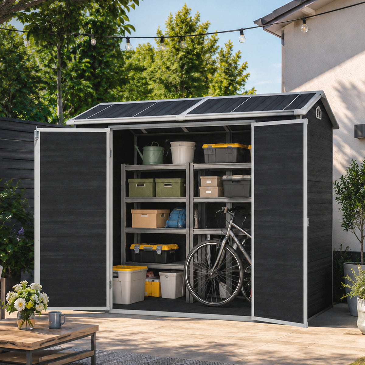 8 ft x 4 ft Outdoor Storage Shed with Two-Window and Double-Door, Plastic Shed with Floor for Gargen,Patio,Yard,Lawn,Black (W540S00054) (W540S00073)