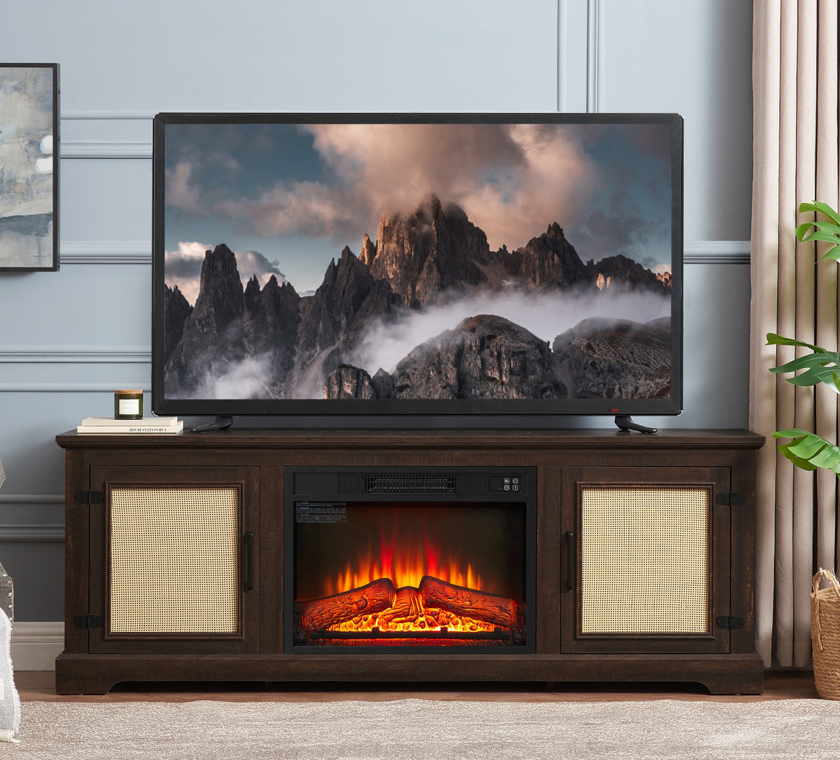 Natural Rattan Door Cabinet with Adjustable Shelf Wood, Farmhouse Rattan TV Stand Console Table for TVs up to 70 Inches, Storage tv stand with 23' fireplace insert, 65'W*15.55'D*23.86'H, Espresso
