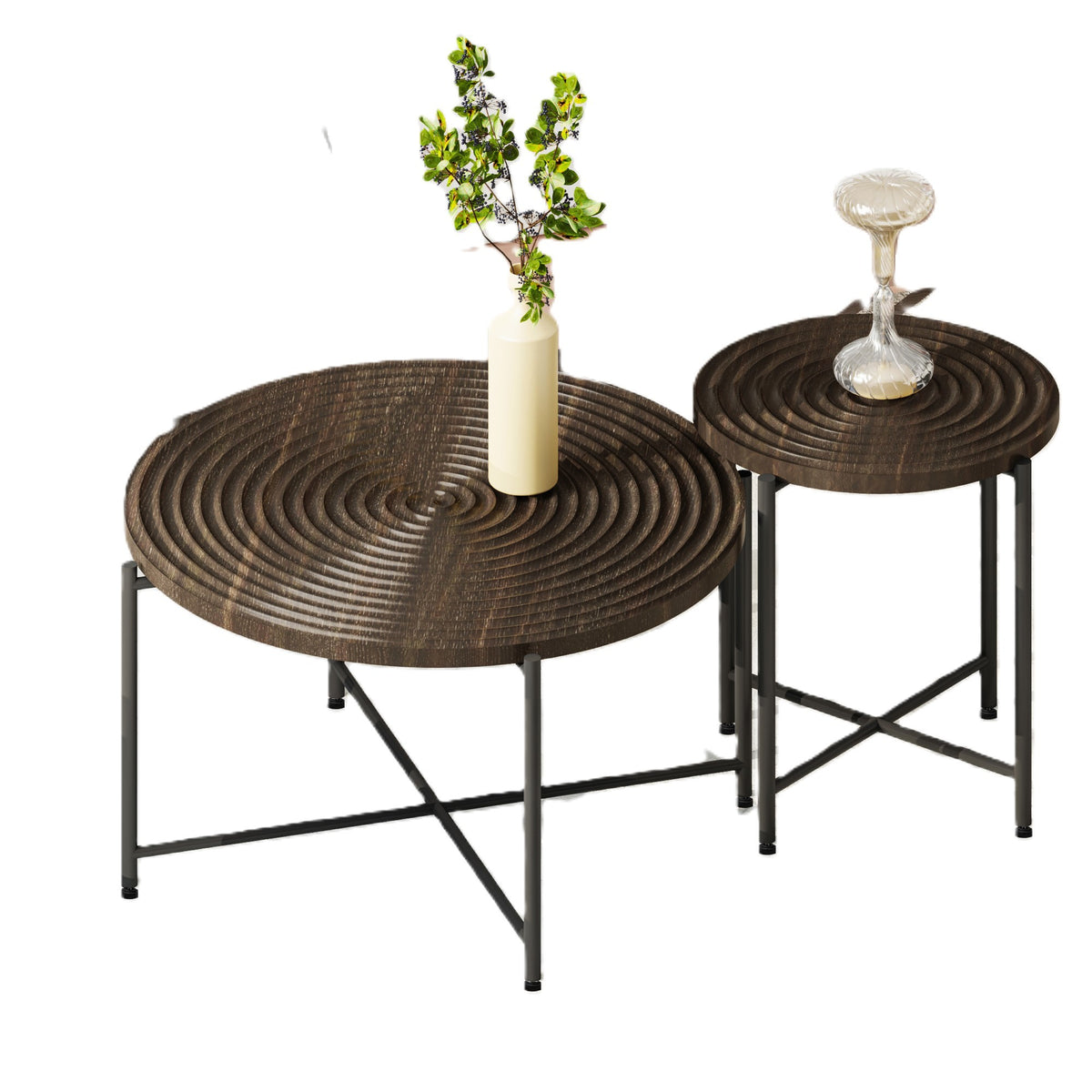 2-Piece Coffee and End Table Set – Waterproof MDF with PVC Cover, Distressed Cylindrical Design, Black Metal Legs – Classic Rustic Charm, Dark Walnut