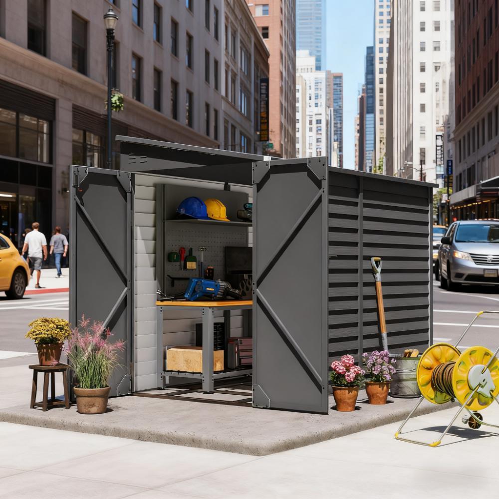 Dark Gray Outdoor Storage Shed with Foundation Kit, Lockable Doors and Gloves for Patio, Lawn