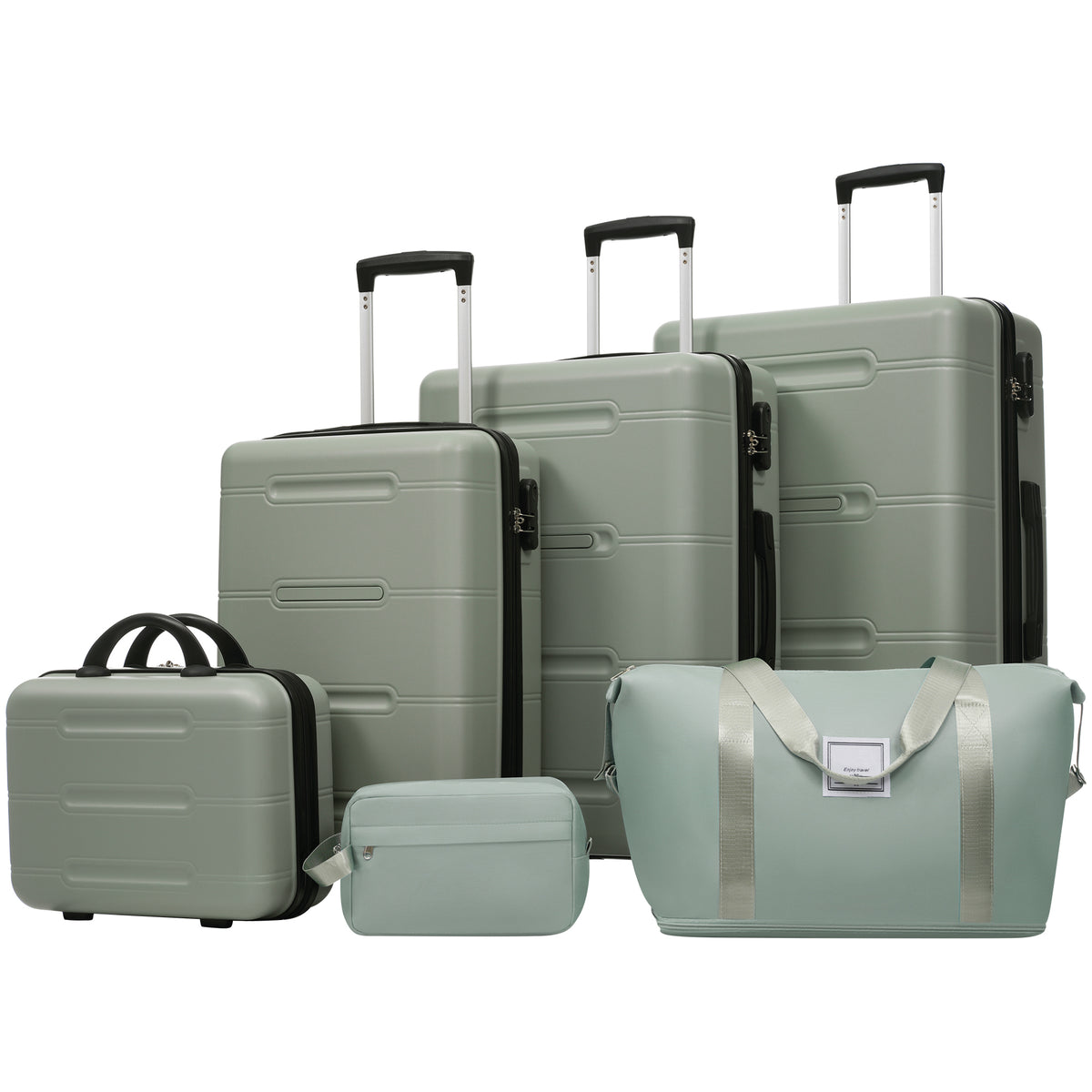Light Green Lightweight Hardshell Luggage Set with Double Spinner Wheels, Password Lock, 14 IN Cosmetic Case, 20/24/28 IN Luggages, Duffel Bag & Toiletry Bag