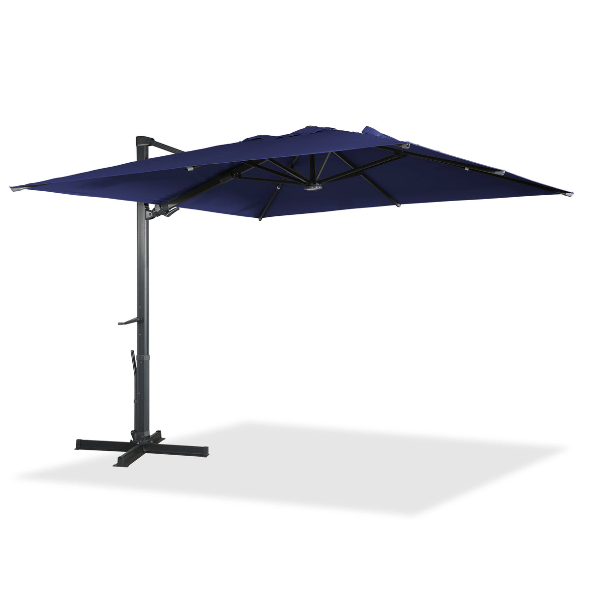 3*3M Roman umbrella in navy blue with cross-shaped umbrella stand and LED lights