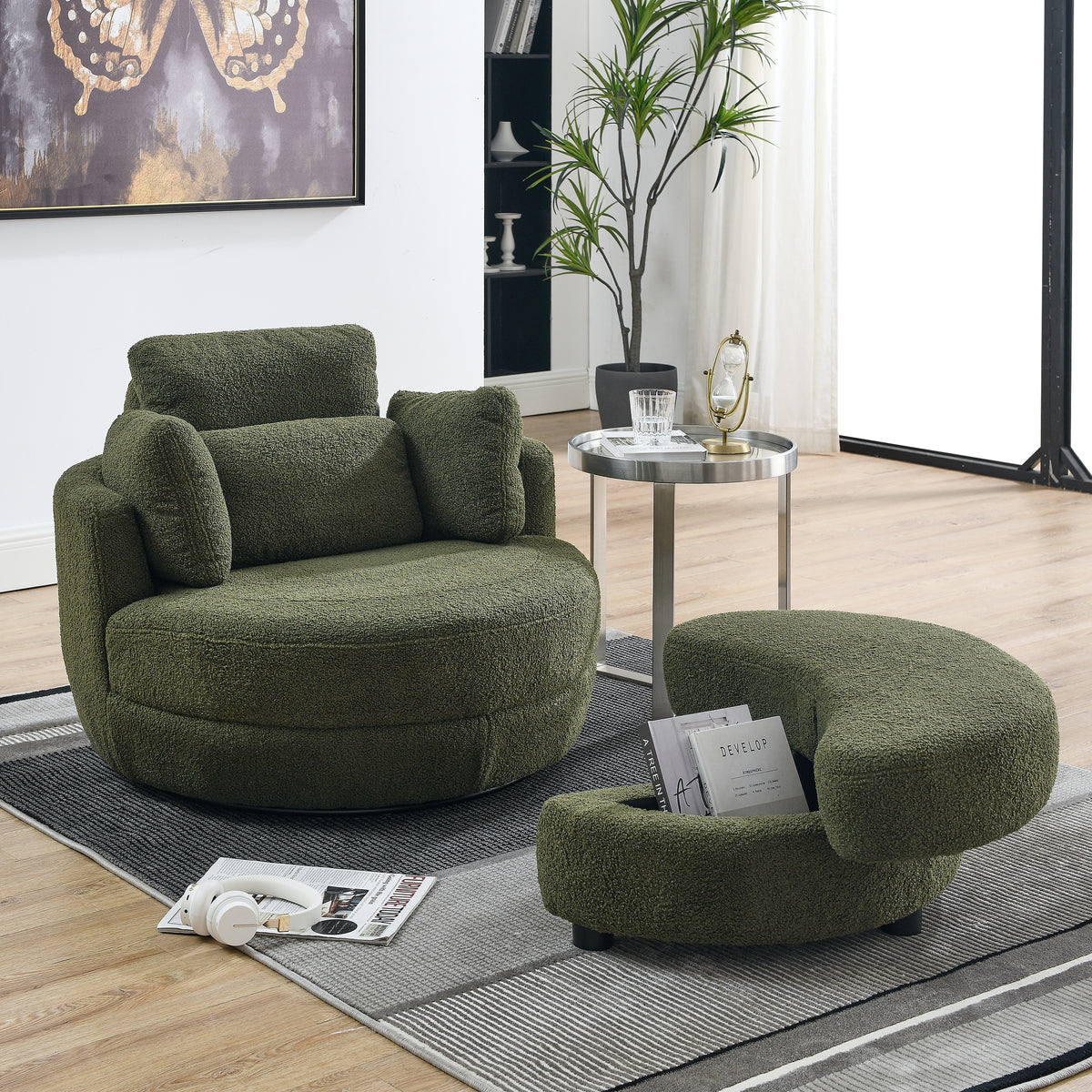 39'W Oversized Swivel Chair with moon storage ottoman for Living Room, Modern Accent Round Loveseat Circle Swivel Barrel Chairs for Bedroom Cuddle Sofa Chair Lounger Armchair, 4 Pillows, Teddy Fabric