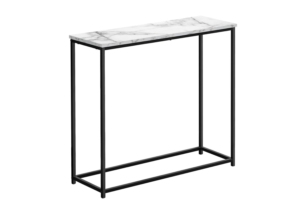 Accent Table, Console, Entryway, Narrow, Sofa, Living Room, Bedroom, White Marble Look Laminate, Black Metal, Contemporary, Modern