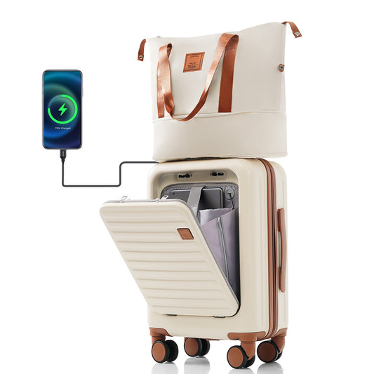 Front Opening 20-Inch Carry-On Luggage with Expandable Travel Bag Set, ABS Hard Shell Two-piece suitcase set with USB Port , Cup Holder, ivory and brown