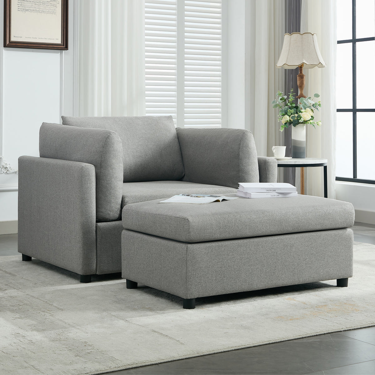 50' Wide Modern Oversized Armchair with Ottoman Stool, Single Sofa with Lumbar Support, Accent Chair, Reading Chair for Bedroom, Living Room, Light Grey