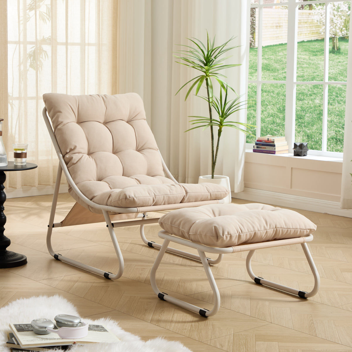 Patio Outdoor Lounge Chair with Ottoman, Comfy Sling Recliner Chair with Puffy Cushion and Foot Stool, Ideal for Living Room, Bedroom, Reading Room, Beige frame with beige cushion
