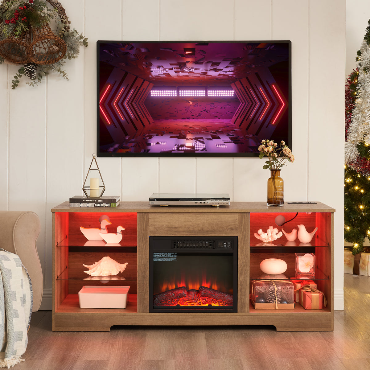 TV Stand Electric Fireplace TV Stand with Glass Shelves, 3D Fireplace TV Stand with LED Lights Wood with USB Charging Outlet Modern Television Table Center for TV up to 32-62' OAK 58''W*15.5''D*24.4