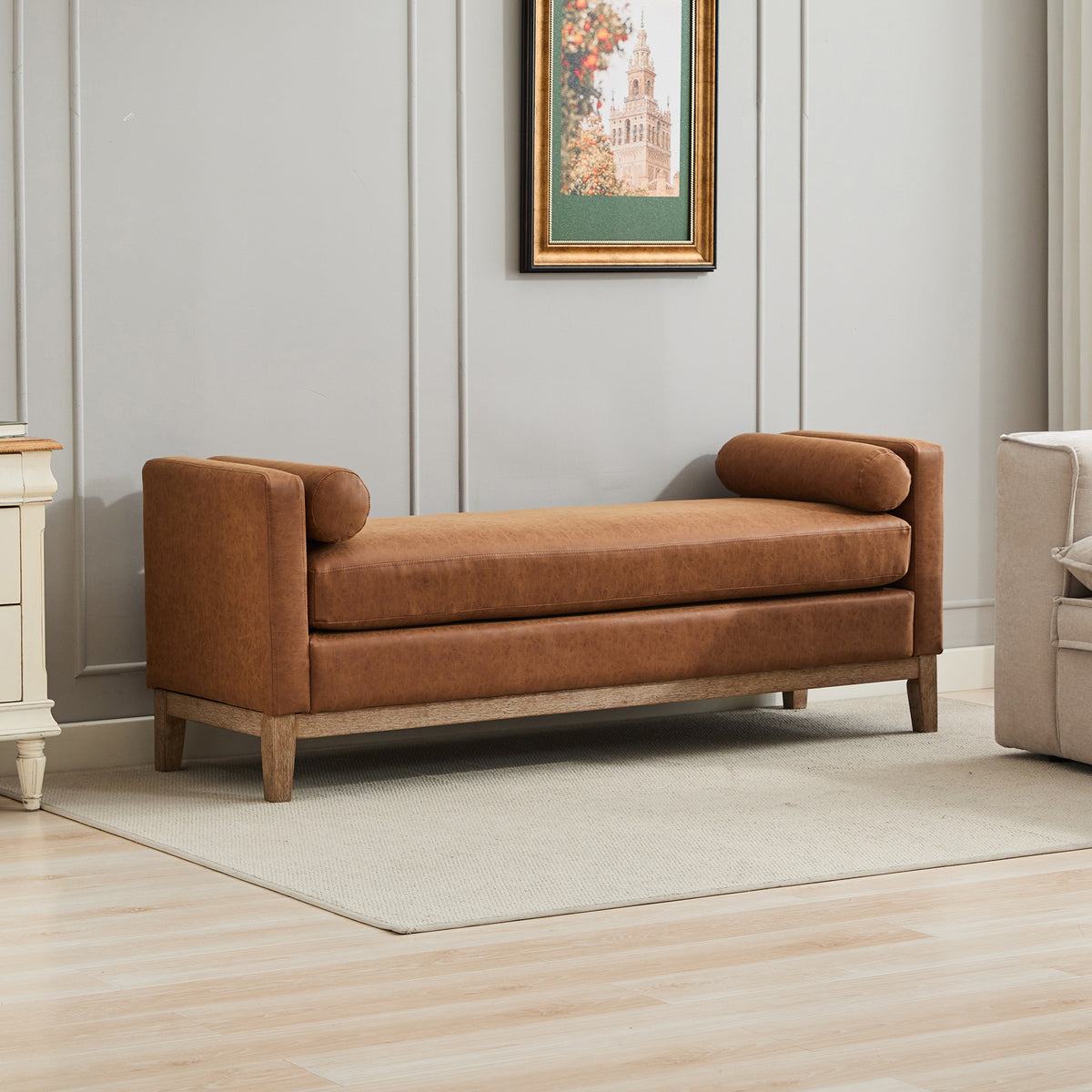66.34'W Elegant Upholstered Bench,Daybed, Ottoman with Wood Legs & 2 Bolster Pillows for End of Bed, Bedroom, Living Room, Entryway,Brown Polyurethane(PU)