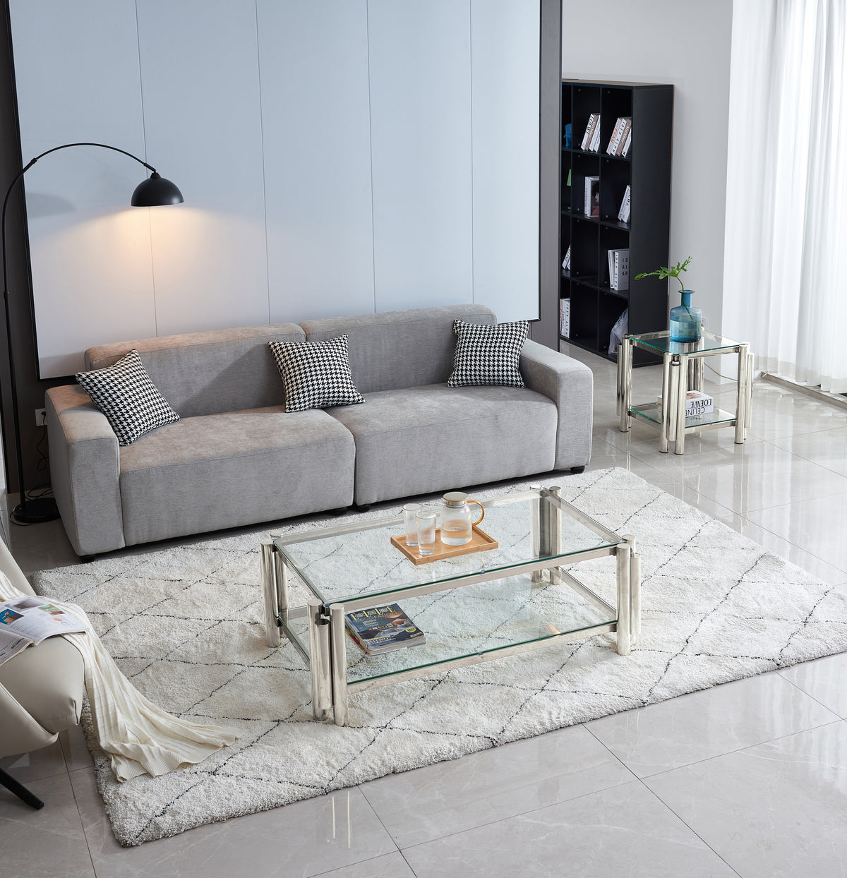 Modern Stainless Steel Coffee Table Set (Set of 2), Double-Layer Clear Tempered Glass Table Top, Coffee Table & End Side Table 2-Pieces Sets for Living Room Home Office, Silver