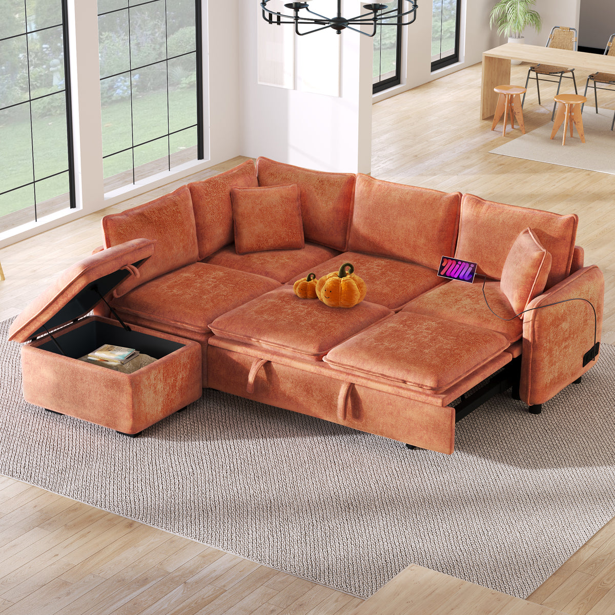 82.67'Convertible Sofa Bed Sectional Sofa Sleeper L-shaped Sofa with a Storage Ottoman,Two Pillows, Two Power Sockets and Two USB Ports for Living Room, Orange
