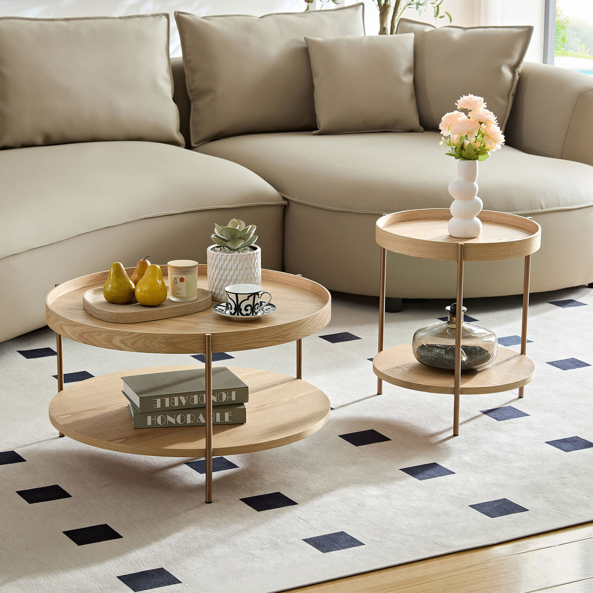 2-Piece Modern 2 Tier Round Coffee Table Set for Living Room,Easy Assembly Nesting Coffee Tables, End Side Tables for Bedroom Office Balcony Yard,Natural Ash